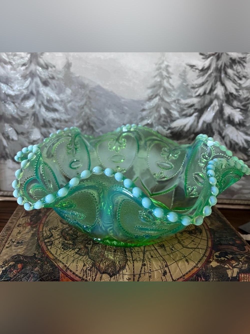 Northwood Glass Co. early 1900s, in their “Scroll with Beads” pattern